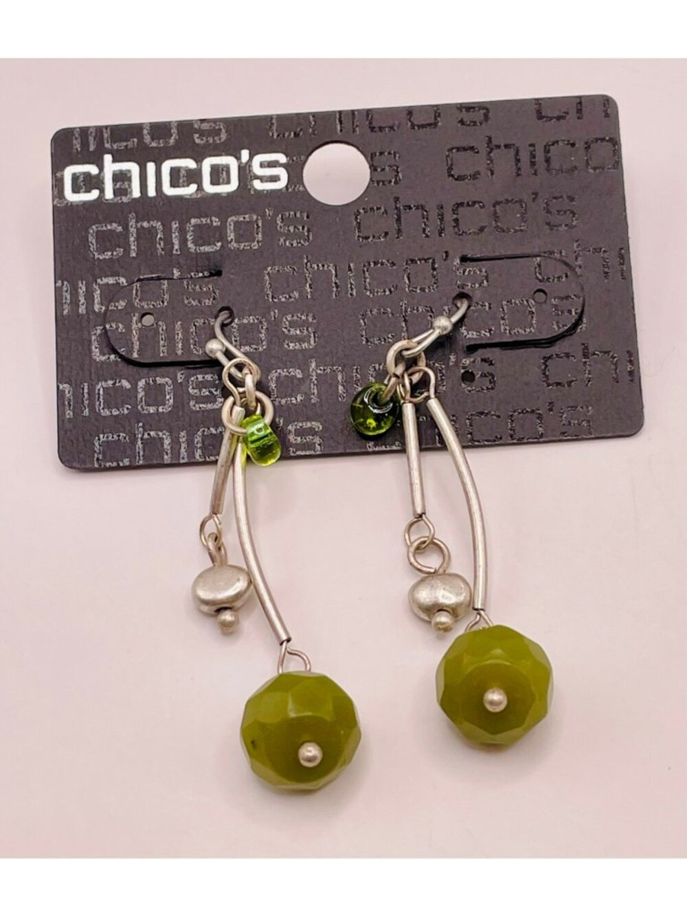 Chico's Green Drop Beaded Earrings Silver-Tone Accents -5B